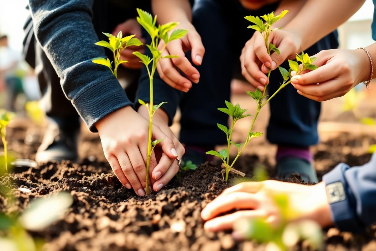 Mains de parents et d'enfants plantant ensemble dans le jardin de l'école